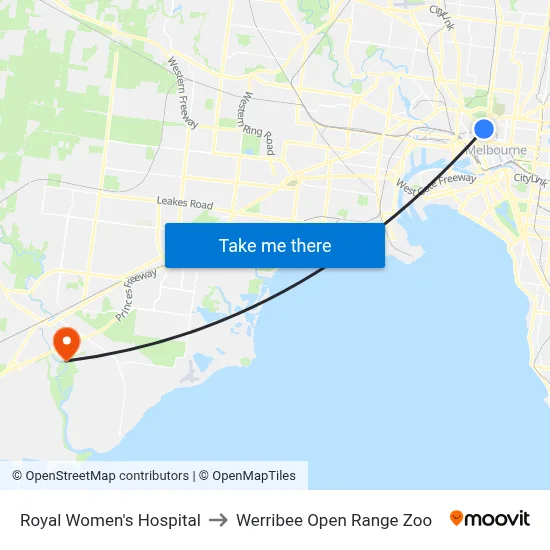 Royal Women's Hospital to Werribee Open Range Zoo map