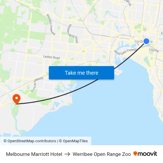 Melbourne Marriott Hotel to Werribee Open Range Zoo map