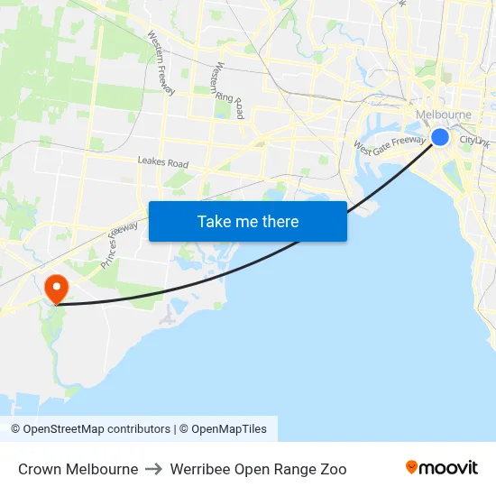 Crown Melbourne to Werribee Open Range Zoo map