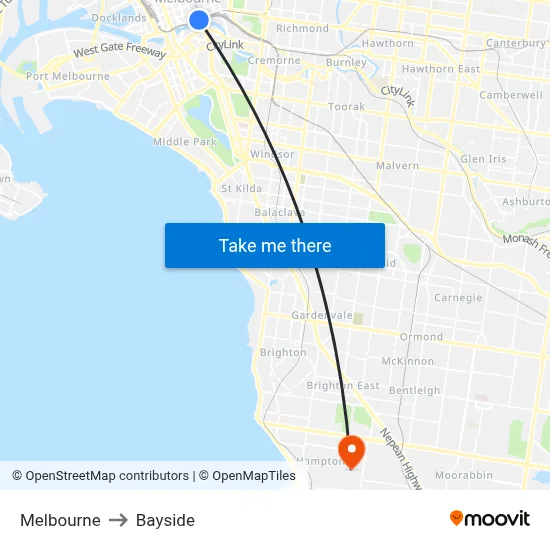Melbourne to Bayside map