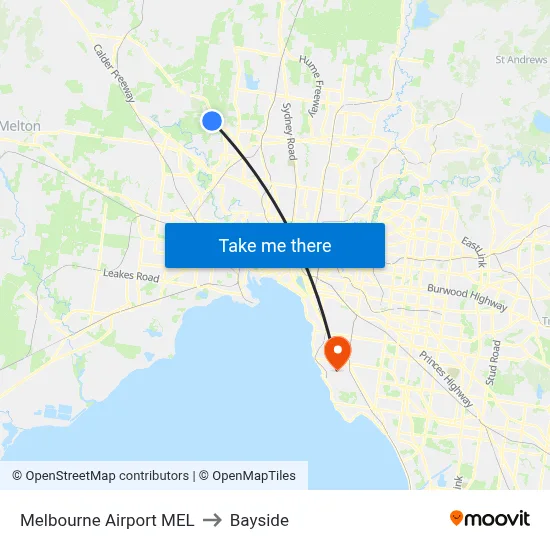 Melbourne Airport MEL to Bayside map