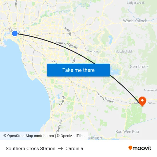 Southern Cross Station to Cardinia map