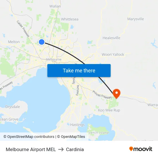 Melbourne Airport MEL to Cardinia map