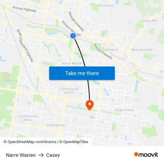 Narre Warren to Casey map