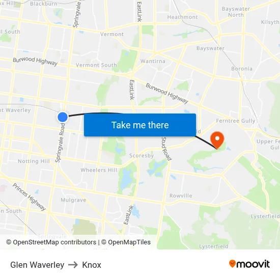 Glen Waverley to Knox map