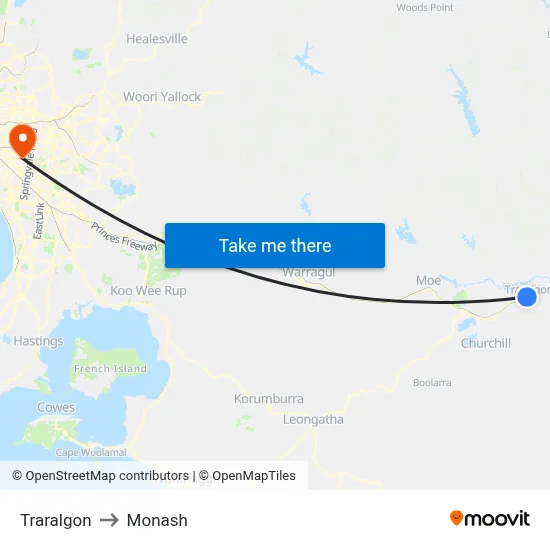 Traralgon to Monash map