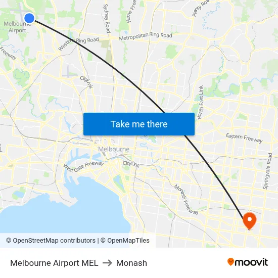 Melbourne Airport MEL to Monash map
