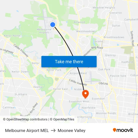 Melbourne Airport MEL to Moonee Valley map