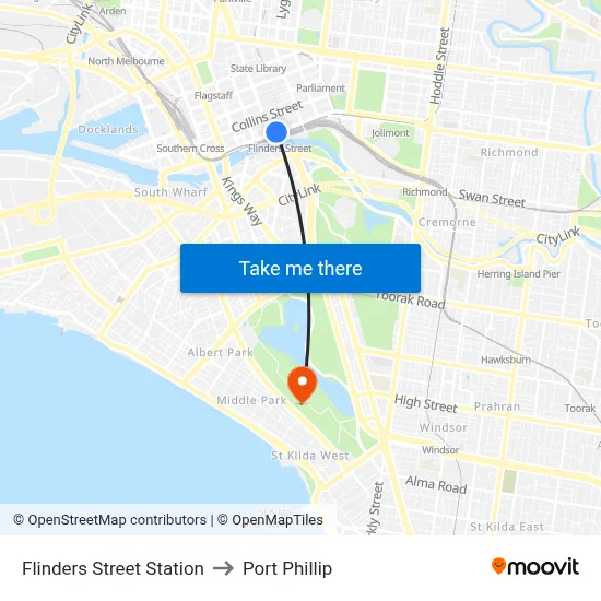 Flinders Street Station to Port Phillip map
