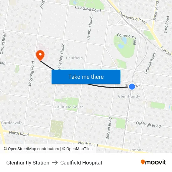 Glenhuntly Station to Caulfield Hospital map
