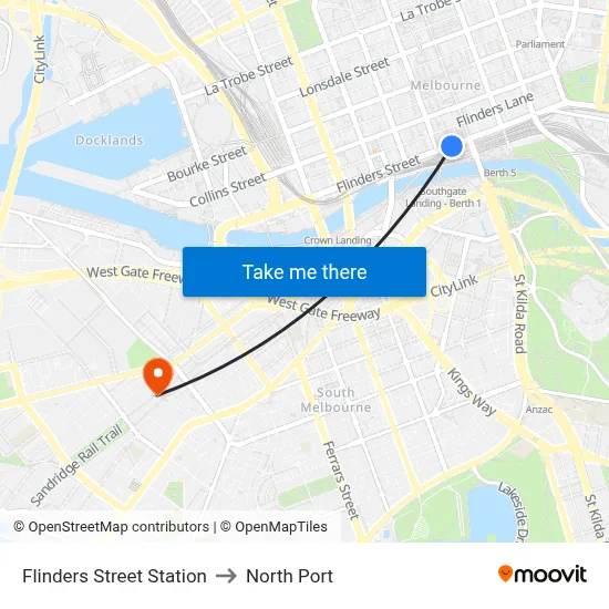 Flinders Street Station to North Port map