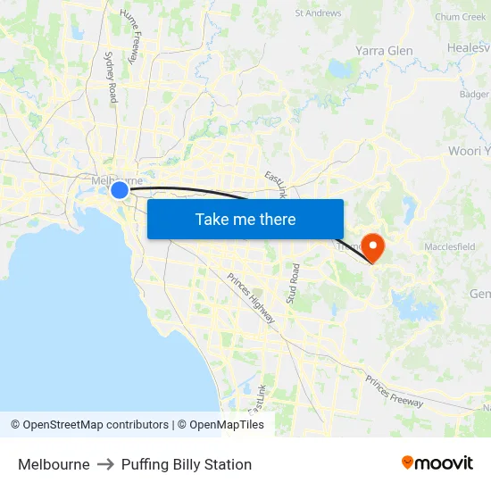 Melbourne to Puffing Billy Station map