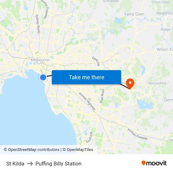 St Kilda to Puffing Billy Station map
