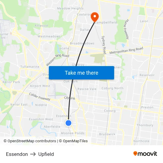 Essendon to Upfield map