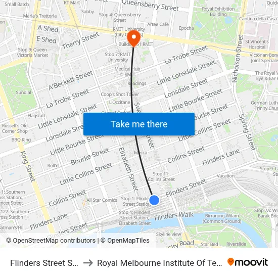 Flinders Street Station to Royal Melbourne Institute Of Technology map