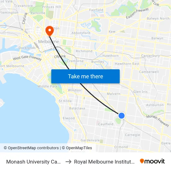 Monash University Caulfield campus to Royal Melbourne Institute Of Technology map
