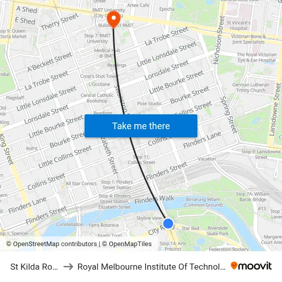 St Kilda Road to Royal Melbourne Institute Of Technology map