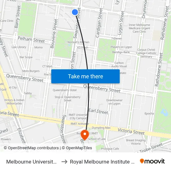 Melbourne University Bookshop to Royal Melbourne Institute Of Technology map