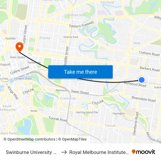 Swinburne University Of Technology to Royal Melbourne Institute Of Technology map