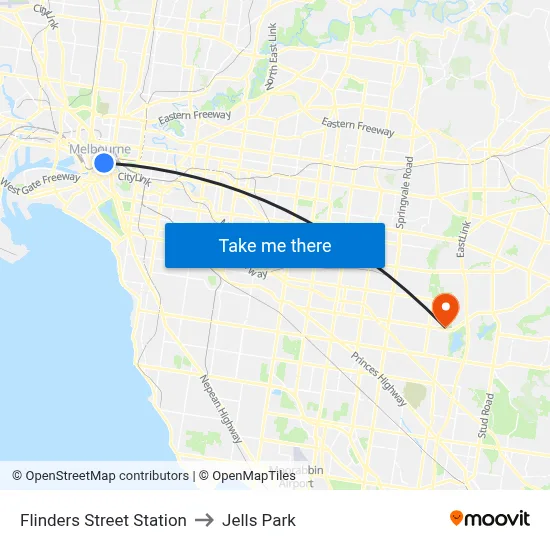 Flinders Street Station to Jells Park map