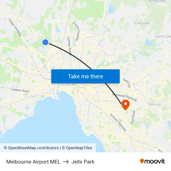 Melbourne Airport MEL to Jells Park map
