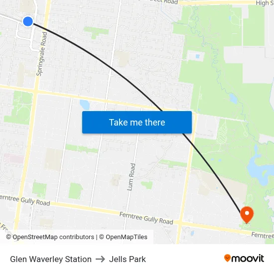 Glen Waverley Bus Interchange to Jells Park map