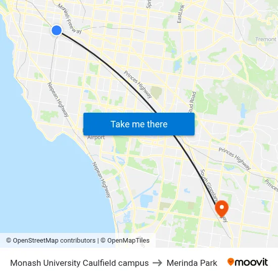 Monash University Caulfield campus to Merinda Park map