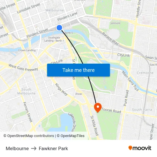 Melbourne to Fawkner Park map