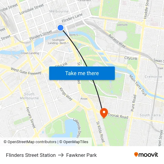 Flinders Street Station to Fawkner Park map