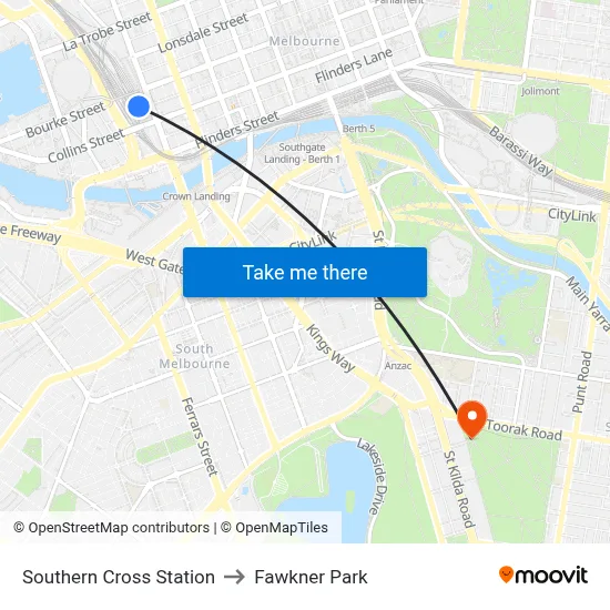 Southern Cross Station to Fawkner Park map