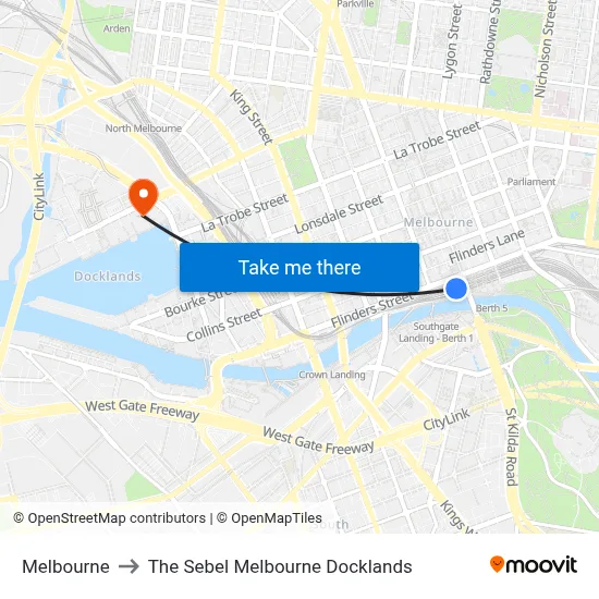 Melbourne to The Sebel Melbourne Docklands map