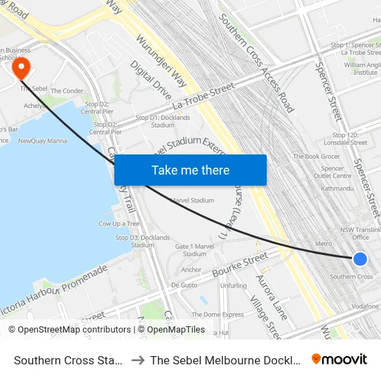 Southern Cross Station to The Sebel Melbourne Docklands map