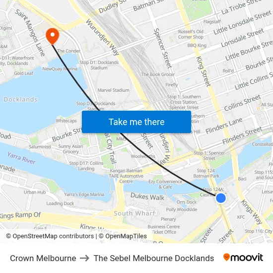 Crown Melbourne to The Sebel Melbourne Docklands map