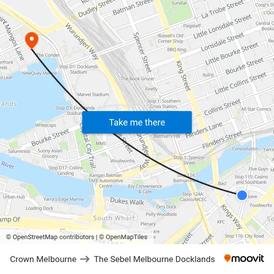 Crown Melbourne to The Sebel Melbourne Docklands map