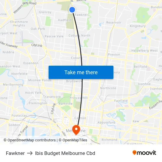 Fawkner to Ibis Budget Melbourne Cbd map