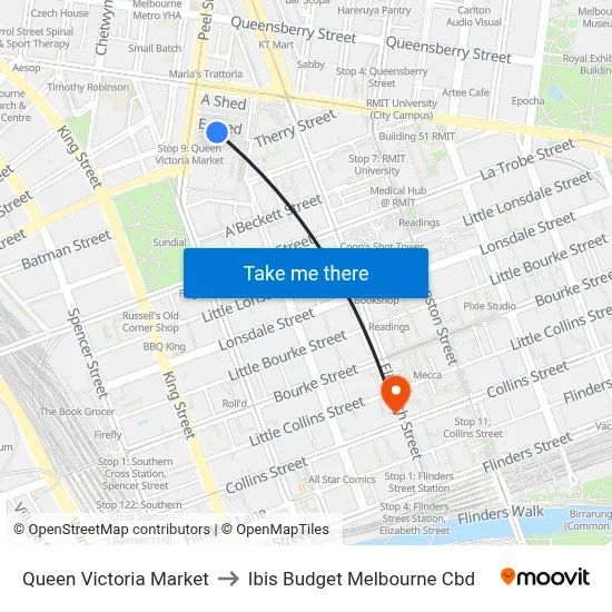Queen Victoria Market to Ibis Budget Melbourne Cbd map