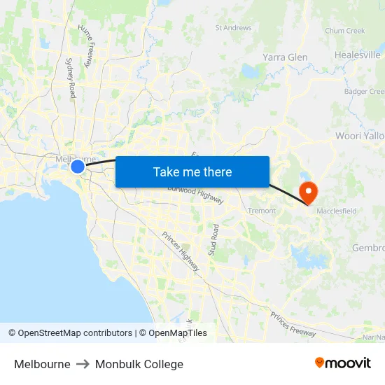 Melbourne to Monbulk College map