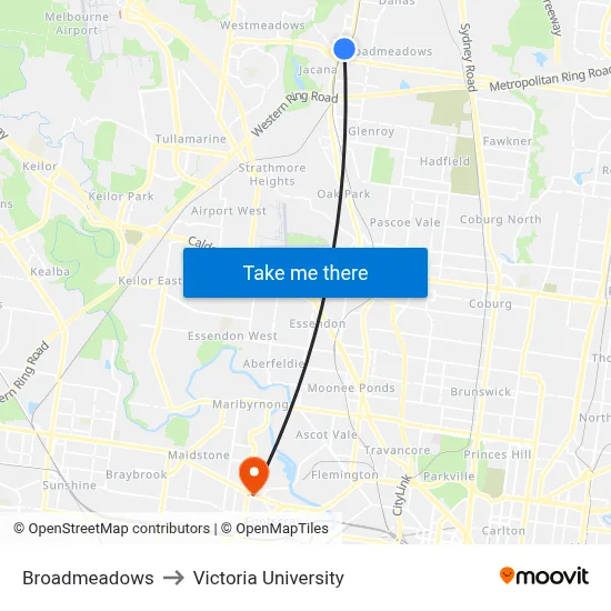 Broadmeadows to Victoria University map