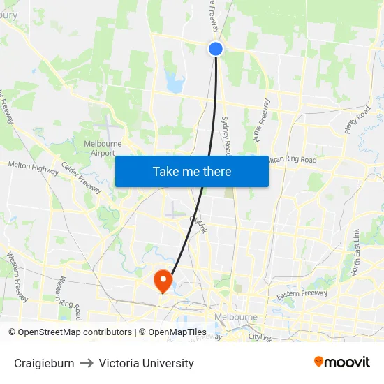 Craigieburn to Victoria University map
