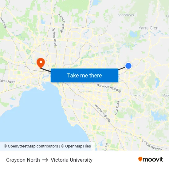 Croydon North to Victoria University map