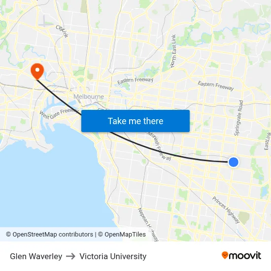 Glen Waverley to Victoria University map