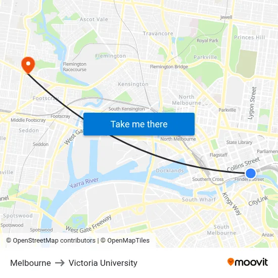 Melbourne to Victoria University map