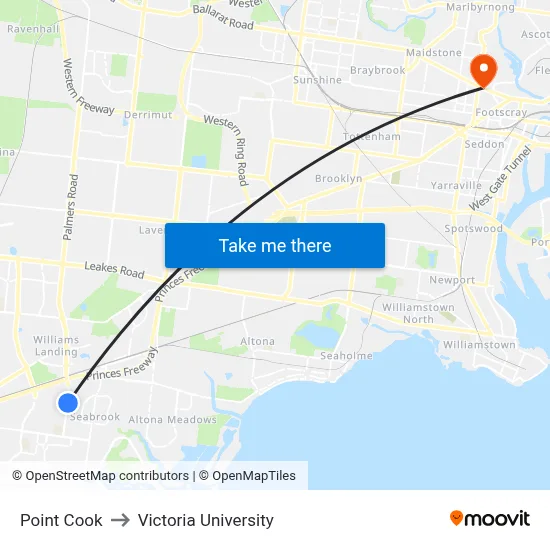 Point Cook to Victoria University map