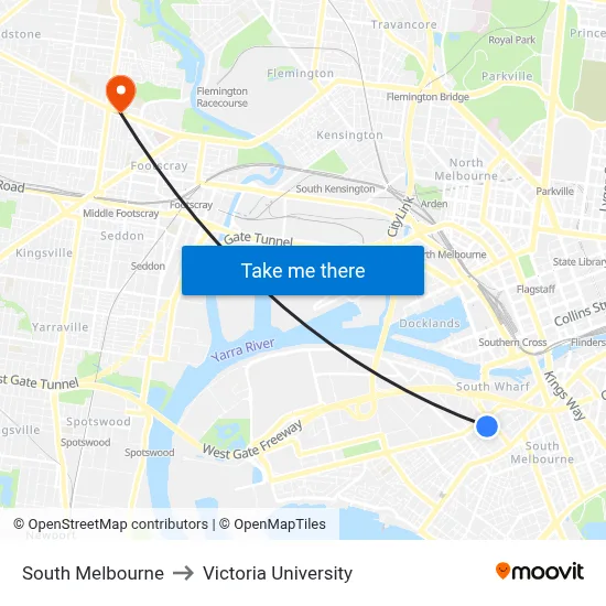 South Melbourne to Victoria University map