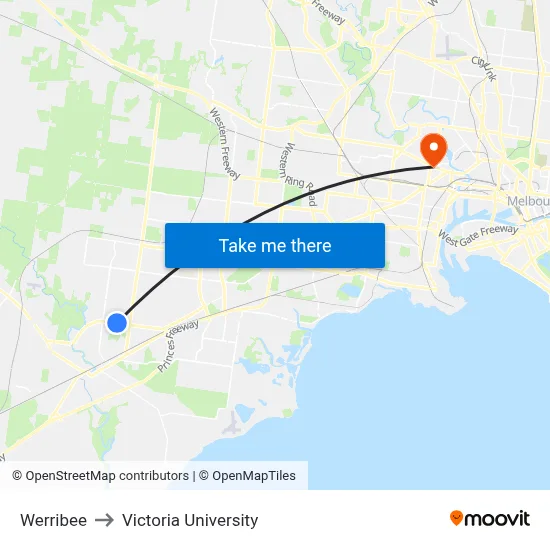 Werribee to Victoria University map