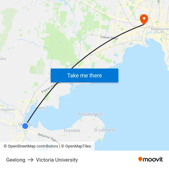Geelong to Victoria University map