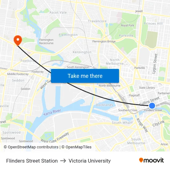 Flinders Street Station to Victoria University map