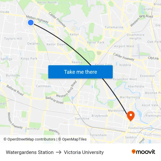 Watergardens Station to Victoria University map