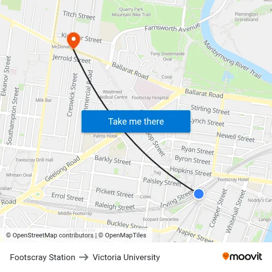 Footscray Station to Victoria University map