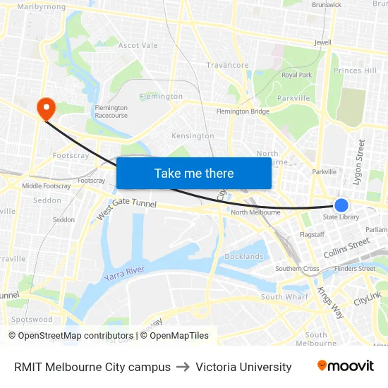RMIT Melbourne City campus to Victoria University map